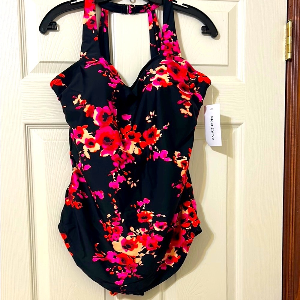 Meet Curve Black and Pink Floral One Piece Swimsuit. New With Tags